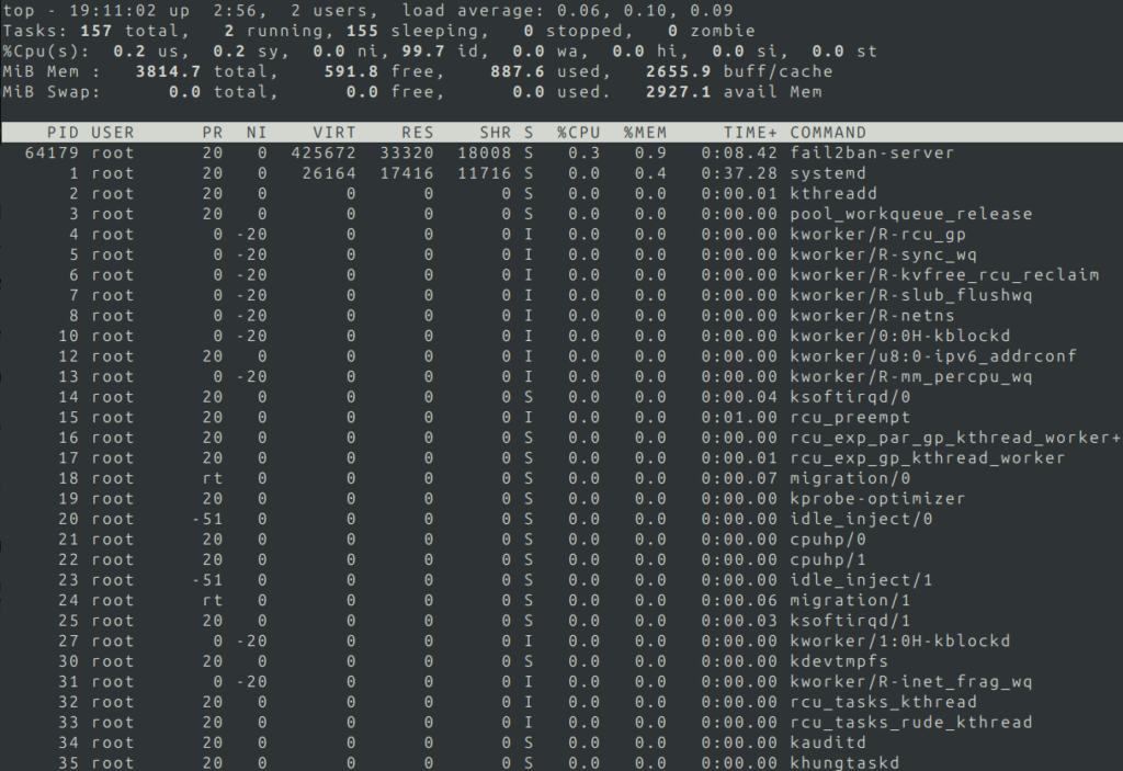 Screenshot for checking server resources with "top" command