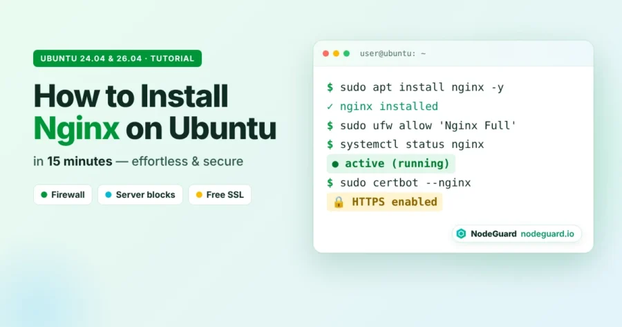 How to install Nginx on Ubuntu – terminal showing apt install nginx and the Nginx web server active and running
