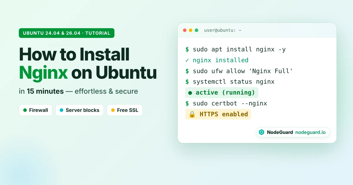 How to install Nginx on Ubuntu – terminal showing apt install nginx and the Nginx web server active and running